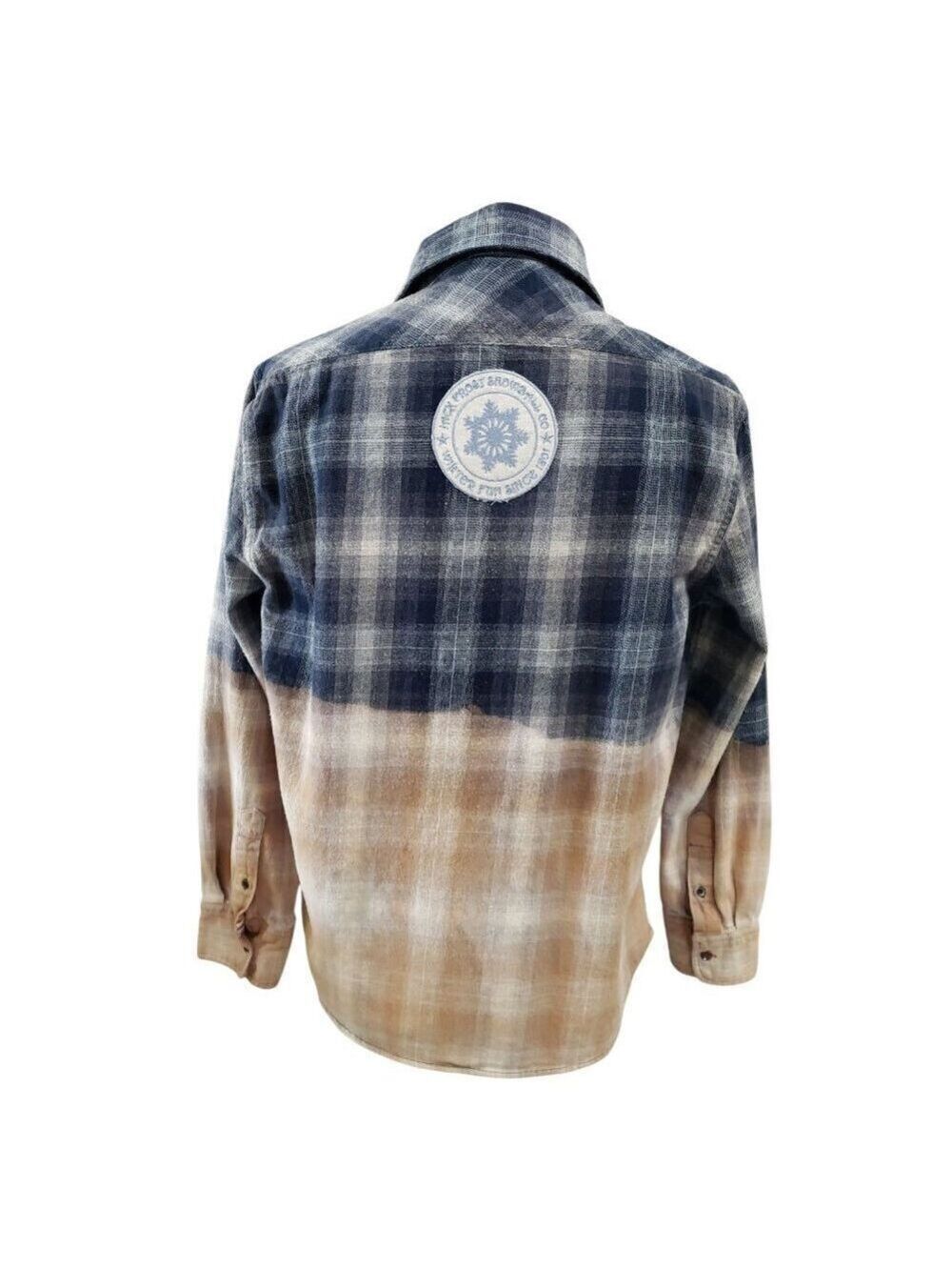 Womens Upcycled Distressed Flannel with "Jack Frost" Embroidered Patch Medium